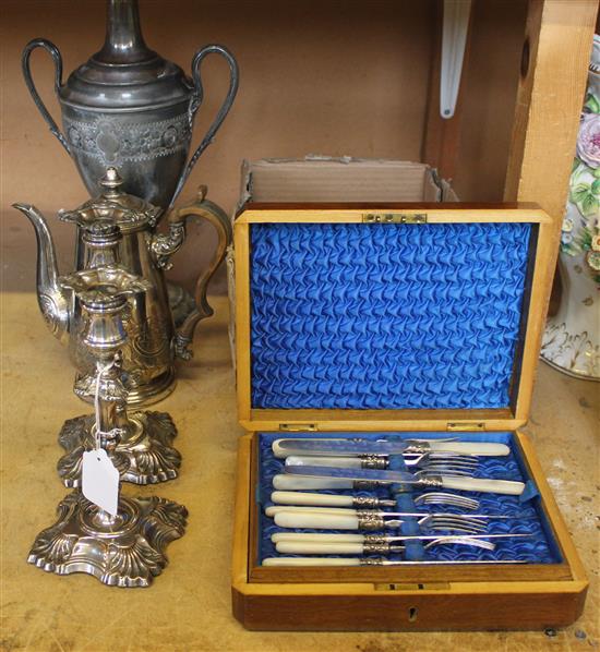 Pair plated candlesticks, cutlery etc